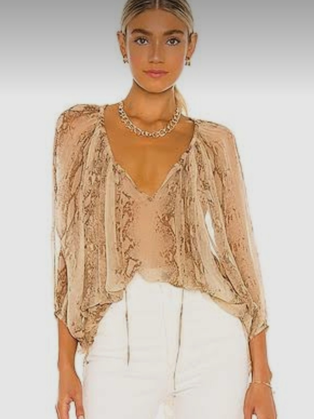 Mes Demoiselles Sheer Lace-Textured V-Neck Blouse in Beige Size 20W